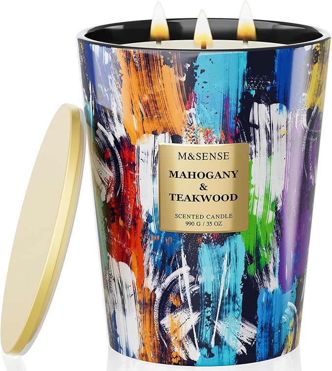 M&SENSE Large 3-Wick Teakwood Scented Soy Candle, 35oz 150 Hours Clean Burning by MSENSE