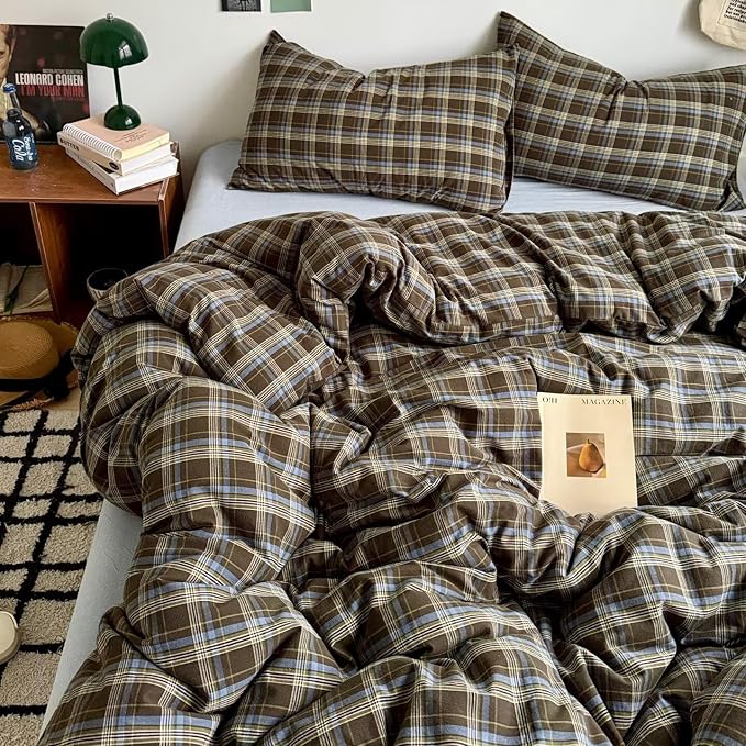 PinkMemory Brown Blue Gingham Buffalo Plaid Duvet Cover Queen 100% Washed - Image 2
