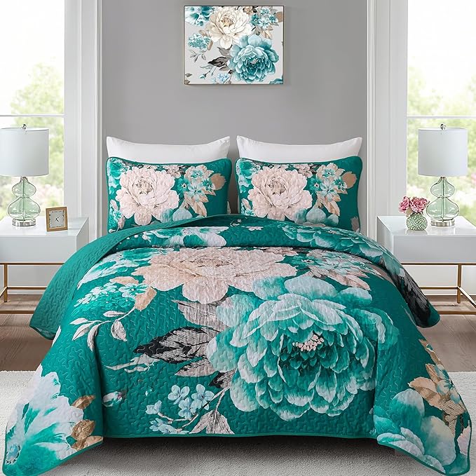 WONGS BEDDING Teal Boho Floral Quilt Set Queen, Elegant Flower Bedspread by WONGSBEDDING