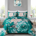 WONGS BEDDING Teal Boho Floral Quilt Set Queen, Elegant Flower Bedspread by WONGSBEDDING