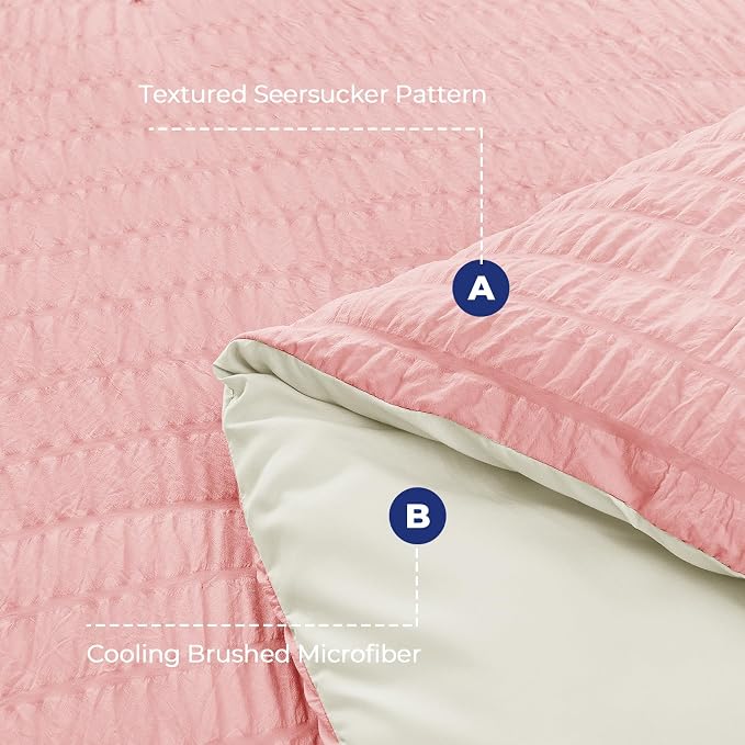 HYMOKEGE Pink/Ivory Duvet Cover King Size, Ultra Soft 3-Piece Seersucker Duvet - Image 3