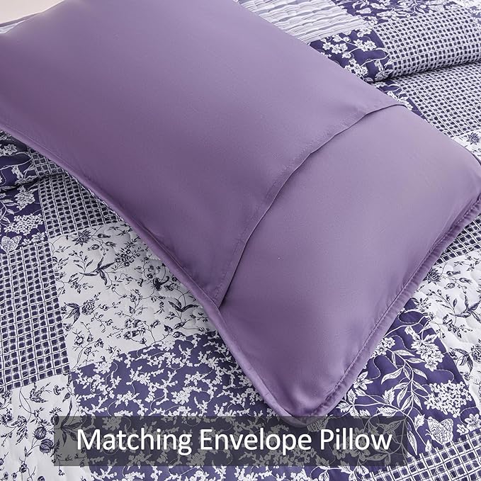 Mybedsoul Purple Quilt Set California King Size, 3 Pieces Boho Plaid Floral - Image 6
