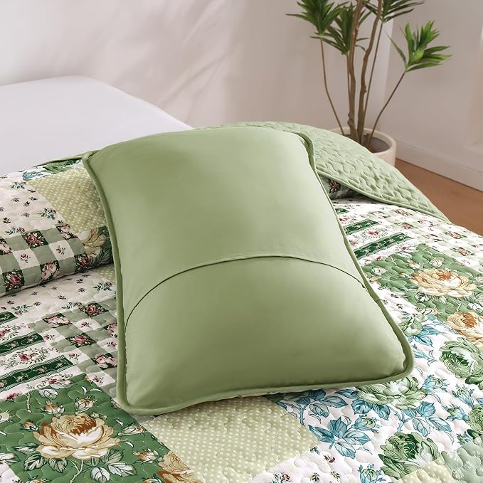 Anibedding Patchwork Quilt Set Queen Size Sage Green Floral Bedspread Coverlet - Image 7