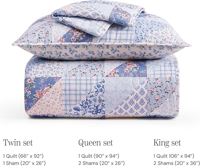 BLOOMHAVEN Quilt Set Queen Size, Patchwork Blue Pink Marigold Floral Quilt Sets - Image 8