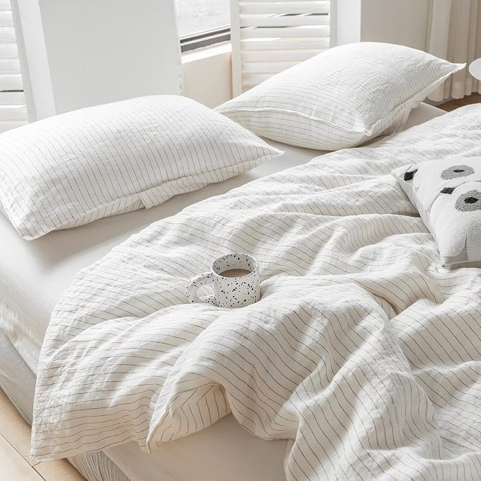 Simple&Opulence 100% Linen Duvet Cover Set 3pcs Yarn Dyed Vertical Pinstripe by SimpleOpulence