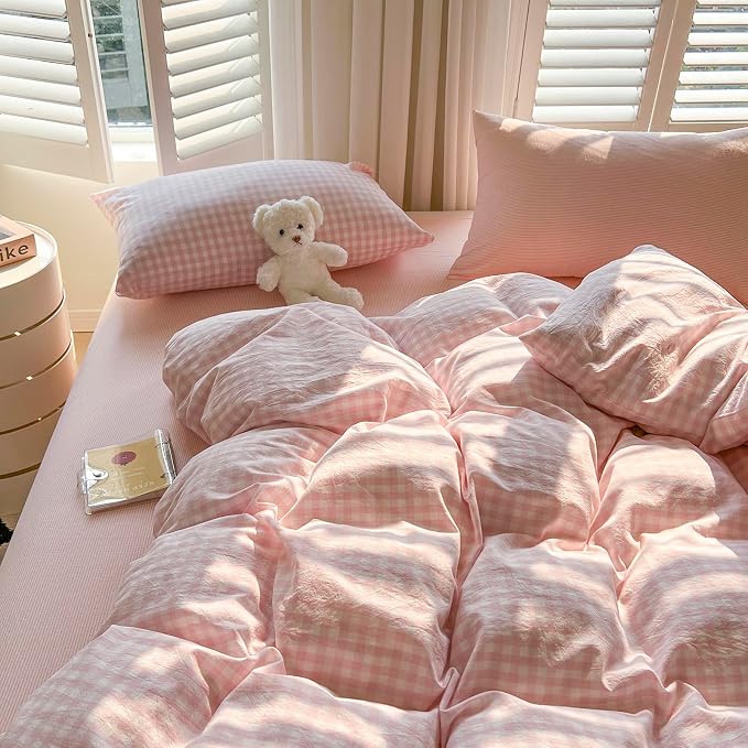 mixinni Light Pink Gingham Duvet Cover Set Queen Size - Image 5