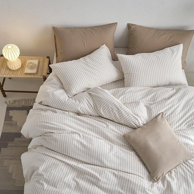 MooMee Striped Duvet Cover Set 100% Washed Cotton Linen Like Textured - Image 4