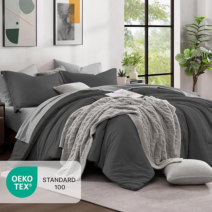 Monbix King Size Comforter Set, Dark Grey King Size Bed Set Reversible 7 Pieces - Image 5