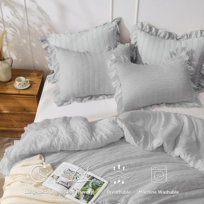 JOLLYVOGUE Light Grey King Comforter Set, 3 Pieces Seersucker Comforters King - Image 3