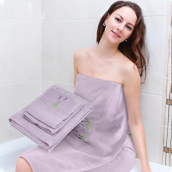 3 Pcs Lavender Floral Bathroom Towel Set Farmhouse Embroidered Lavender Floral - Image 5