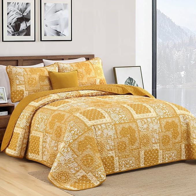 Cottolester Boho Quilt Set King Size, 3 Pieces Yellow Patchwork Paisley Quilt - Image 2