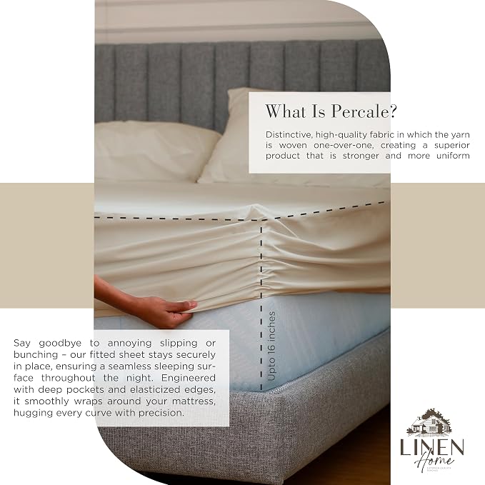 Linen Home 100% Cotton Percale Sheets Full Size, Light Taupe, Deep Pocket - Image 4
