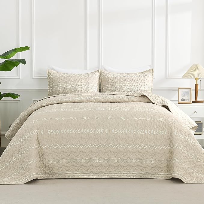 Andency Beige Twin Quilt Set, 2 Pieces Boho Lightweight Soft Striped Bedspread by Andency