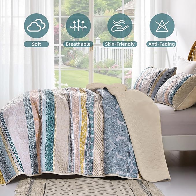 WONGS BEDDING Boho Quilt Set King Size, Lightweight Bedspread Coverlet Bedding - Image 4
