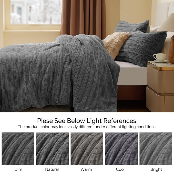 BEDELITE Fleece Queen Comforter Set -Super Soft & Warm Fluffy Grey Faux Fur - Image 9