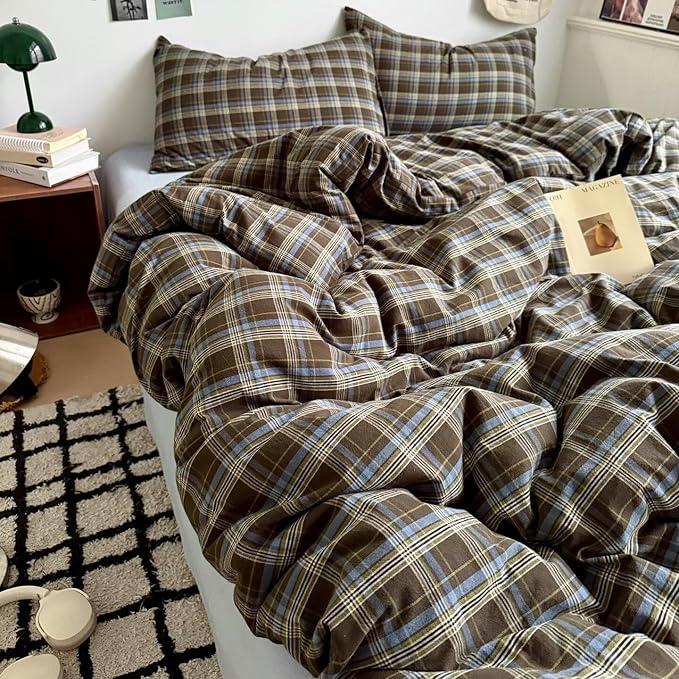 PinkMemory Brown Blue Gingham Buffalo Plaid Duvet Cover Queen 100% Washed - Image 3