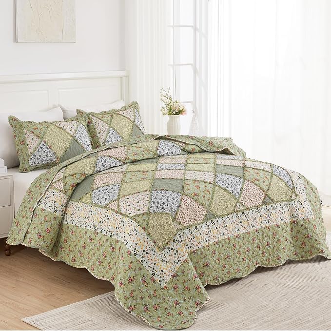 Oversized King Size Green Floral Plaid Patchwork Quilt Set 128x120 Extra Wide - Image 9