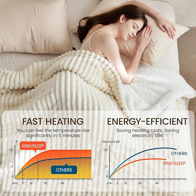 Heated Blanket Electric Blanket 90"x90", Soft Flannel Sherpa Electric Throw - Image 2