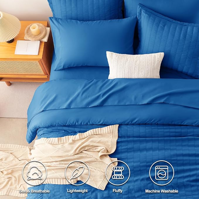 CozyLux King Size Comforter Set Classic Blue Seersucker 7 Pieces Bed in a Bag - Image 2