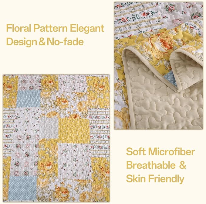 Anibedding Yellow Patchwork Quilt Set King Size Boho Floral Plaid Bedspread - Image 4