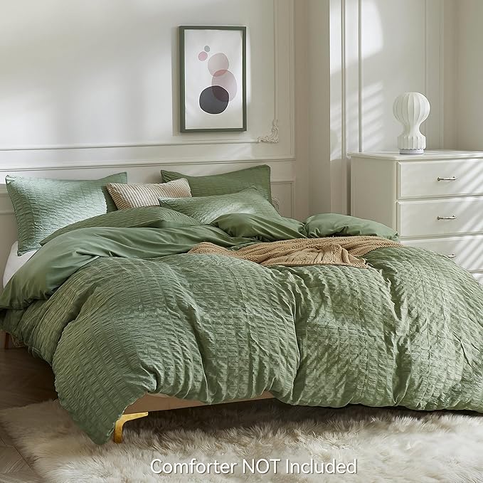 JELLYMONI Dark Green Duvet Cover Twin Size, Soft Breathable Seersucker Duvet - Image 3