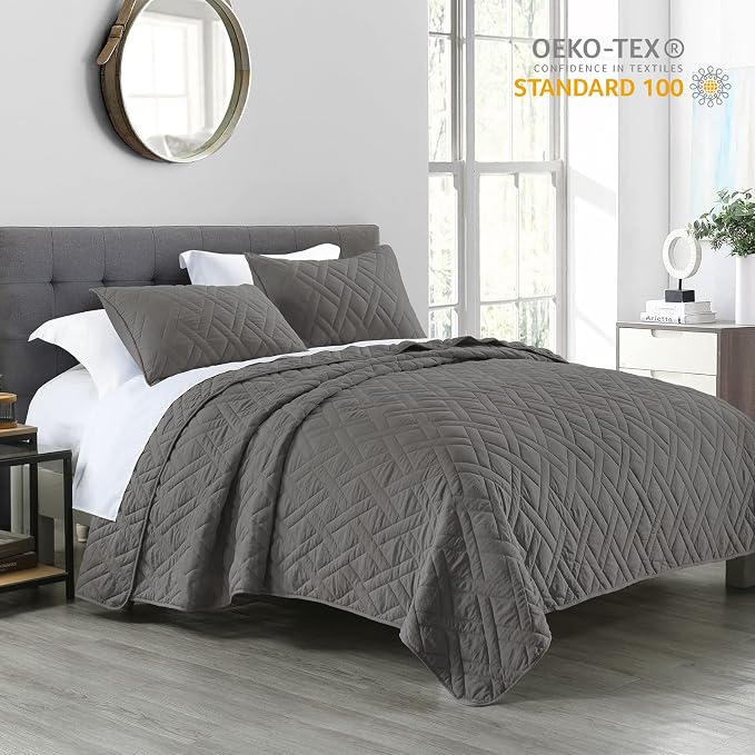 HORIMOTE HOME Quilt Set Twin Size Grey, Classic Geometric Diamond Stitched - Image 2