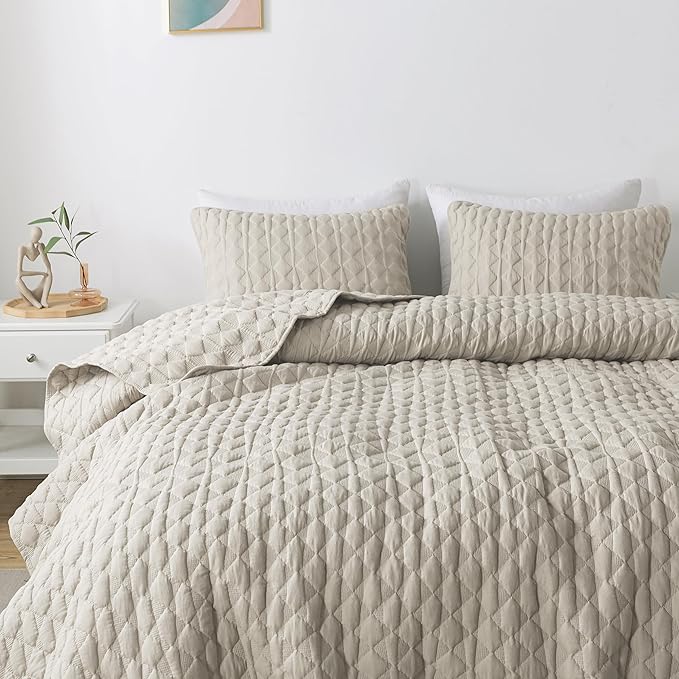 WDCOZY Light Beige Quilts Queen Size Bedding Set - Image 3