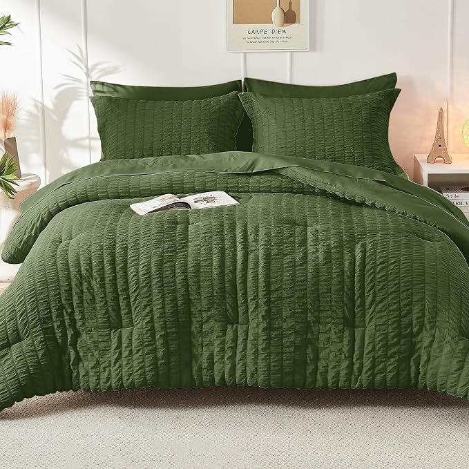 HYMOKEGE Olive Green King Size Comforter Set Seersucker 7 Pieces, All Season - Image 9