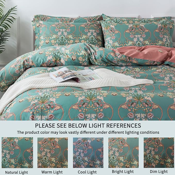 FADFAY Floral Duvet Cover Queen Button Closure 100% Cotton 600 TC Teal - Image 5