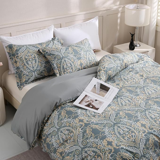 LONAVA Queen Paisley 3 Pcs Duvet Cover Set, Breathable Soft Microfiber Grey - Image 8