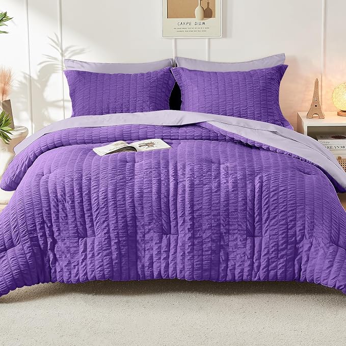 HYMOKEGE Dark Purple/Lavender Twin Comforter Set Seersucker 5 Pieces, All - Image 9