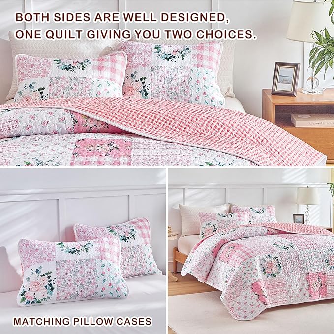 Joyreap 3 Pieces Floral Patchwork Quilt Set King, Soft n Cozy Microfiber Quilt - Image 6