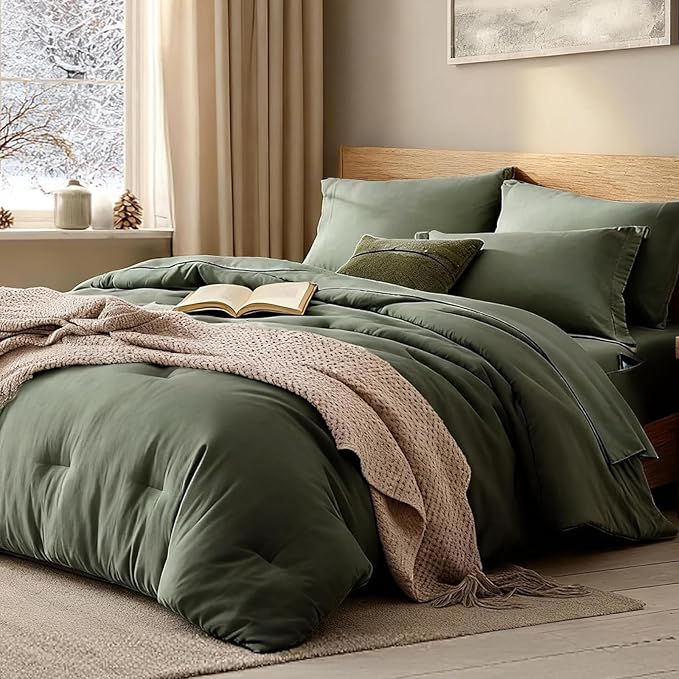 WRENSONGE California King Size Comforter Sets, 7 Pieces Olive Green Bed in a Bag by WRENSONGE