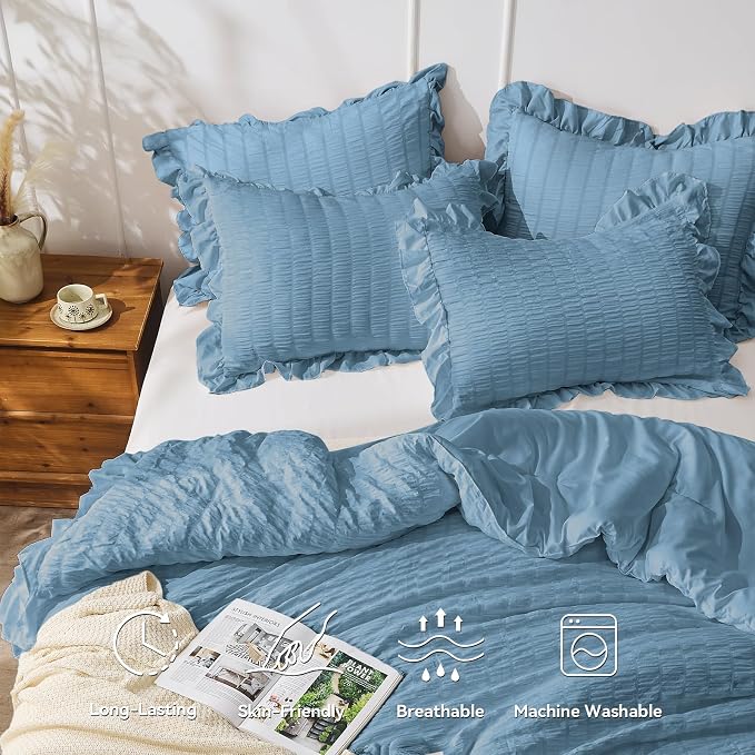 JOLLYVOGUE Queen Comforter Set, 3 Pieces Sea Blue Seersucker Comforters Queen - Image 2