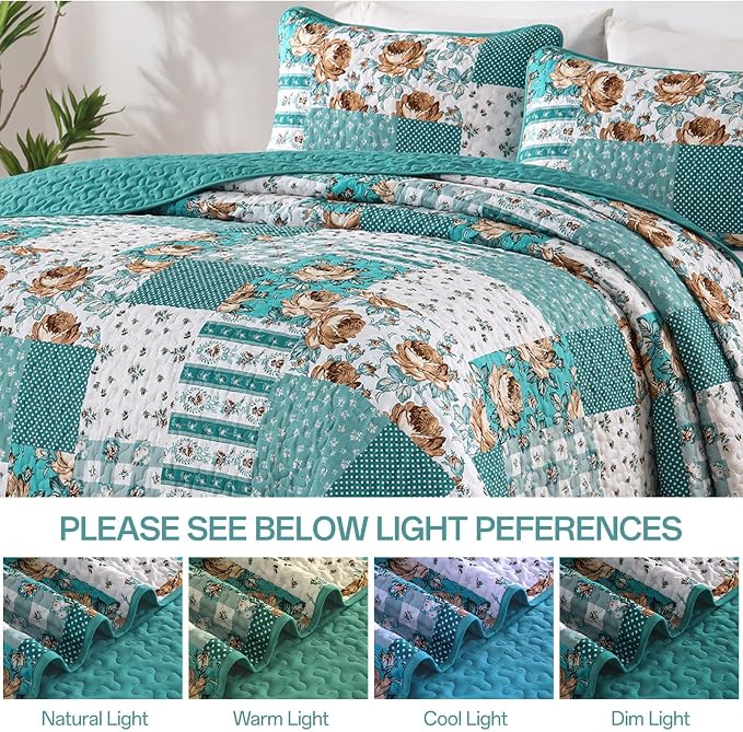 Anibedding Teal Quilt Set Queen Size Patchwork Floral Bedspread Coverlet - Image 5