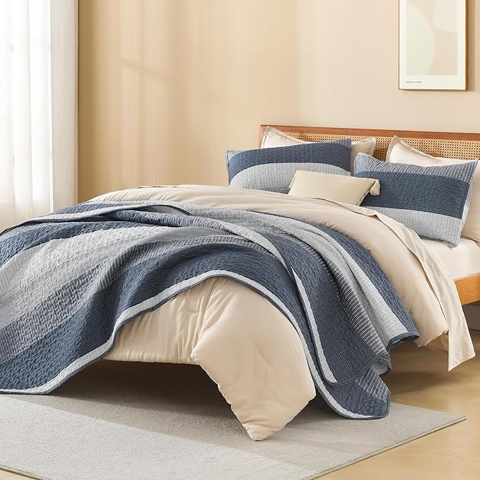 Litanika Queen Quilt Set Navy Blue, Stripe Patchwork Bedspread Coverlet 3 Pieces - Image 4