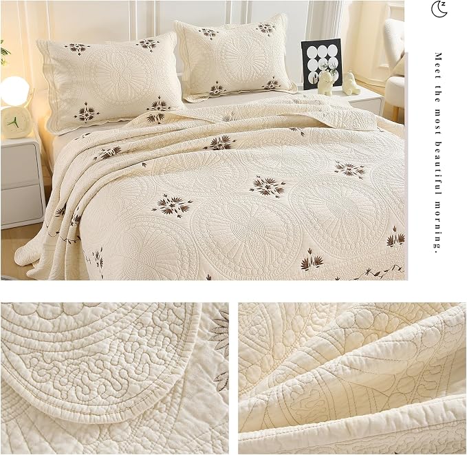 ROOMLIFE Quilt Set King Beige Classical 3D Floral Embroidery Pattern 3-Piece - Image 6
