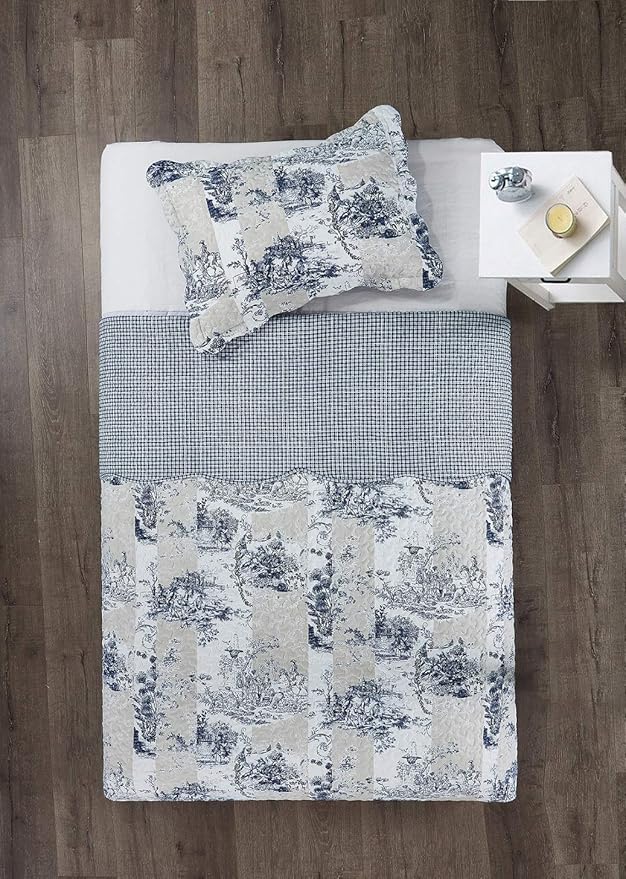 Brilliant Sunshine Blue Toile in Beige and Ivory Patches, 2-Piece Quilt Set - Image 7