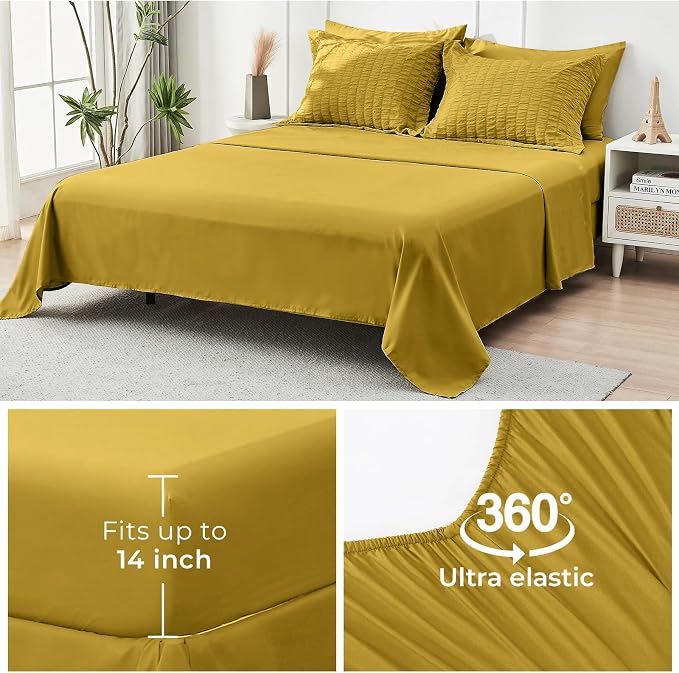 HYMOKEGE Mustard Yellow Full Size Comforter Sets Seersucker 7 Pieces, All - Image 7