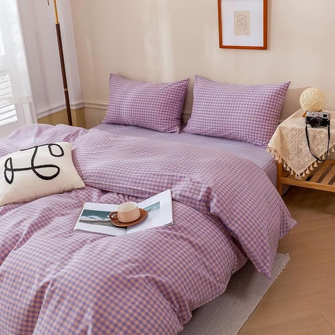 mixinni Purple Gingham Grid Duvet Cover Full, 100% Washed Cotton Modern - Image 4
