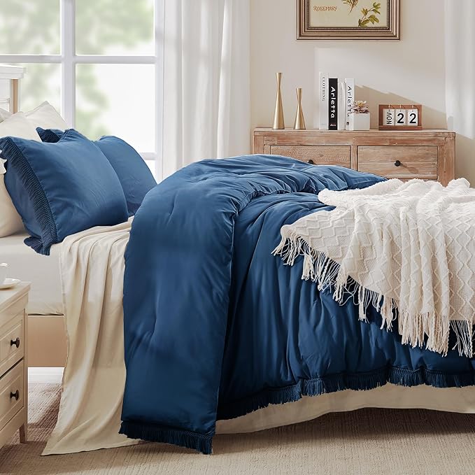 Andency Navy Blue Comforter Set Queen, 3 Pieces Boho Tassel Lightweight Bedding - Image 2