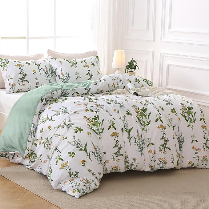 MUXHOMO Duvet Cover Full Size, Reversible Floral Green Duvet Cover Set - Image 3