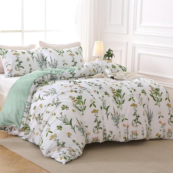MUXHOMO Duvet Cover Queen Size, Reversible Floral Green Flower Duvet Cover Set - Image 3