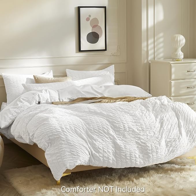 JELLYMONI Bright White Duvet Cover King Size, Soft Breathable Seersucker Duvet - Image 3