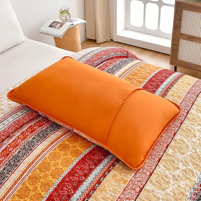 WONGS BEDDING Boho Stripe Quilt Set Queen Size, 3 Pieces Orange Bohemian Quilt - Image 9