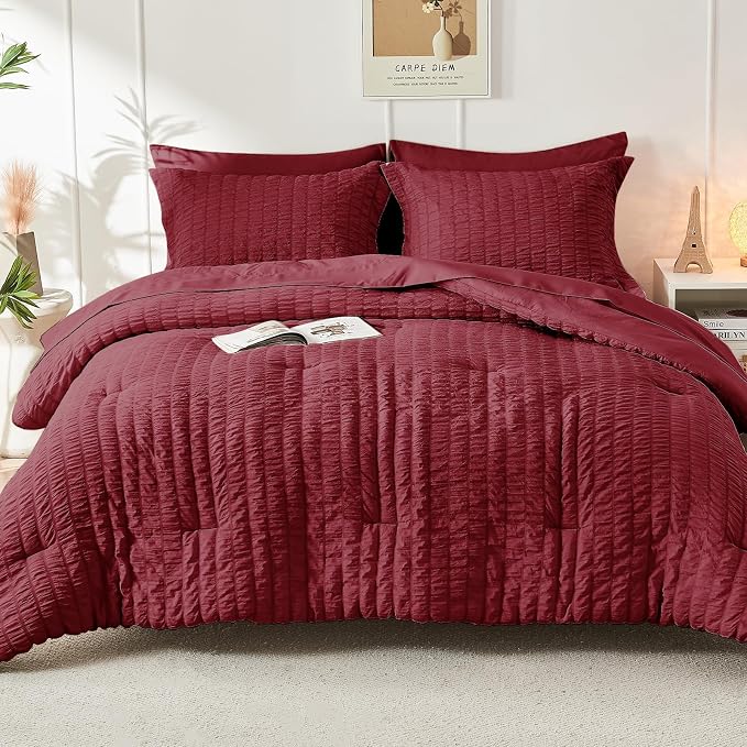 HYMOKEGE Burgundy Twin Comforter Set Seersucker 5 Pieces, All Season Luxury Bed - Image 9