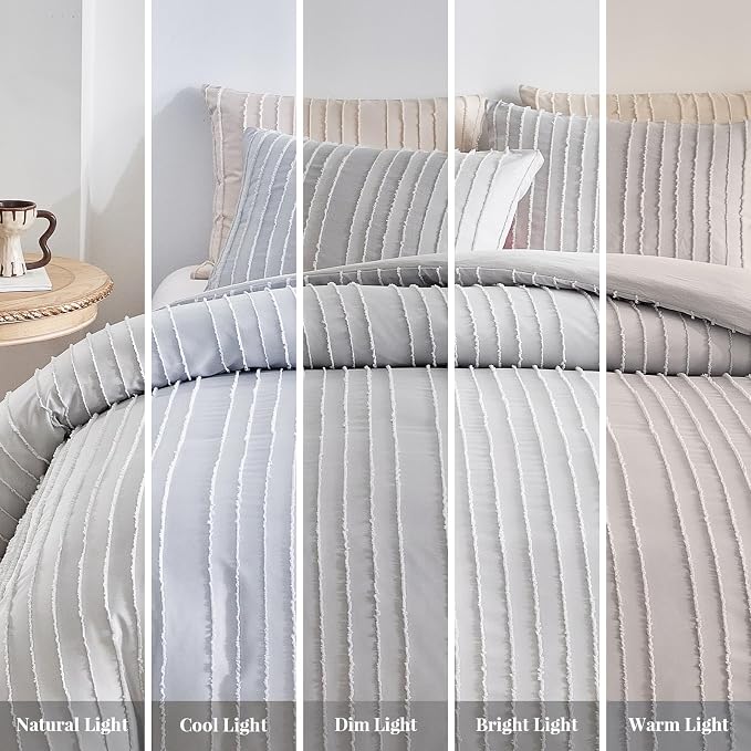WARMDERN King Boho Duvet Cover Set, Light Grey Striped Microfiber 3pcs Bedding - Image 7