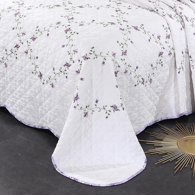 Quilt Set Purple Floral 3D Embroidery Pattern 3 PCS 100% Cotton Reversible - Image 8