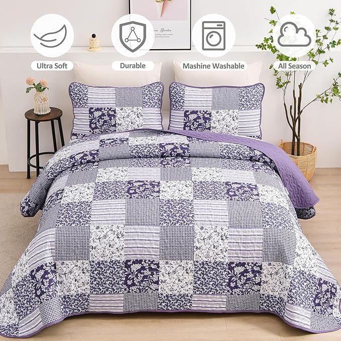 Mybedsoul Purple Quilt Set Full Size, 3 Pieces Plaid Floral Bedspread Set - Image 6