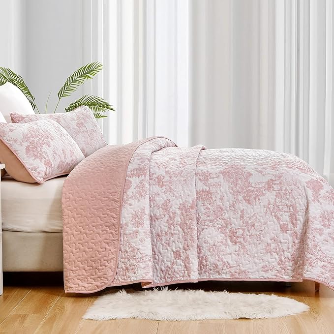 WONGS BEDDING Quilt Set King Size, 3 Pieces Pink Floral Plants Printed - Image 4